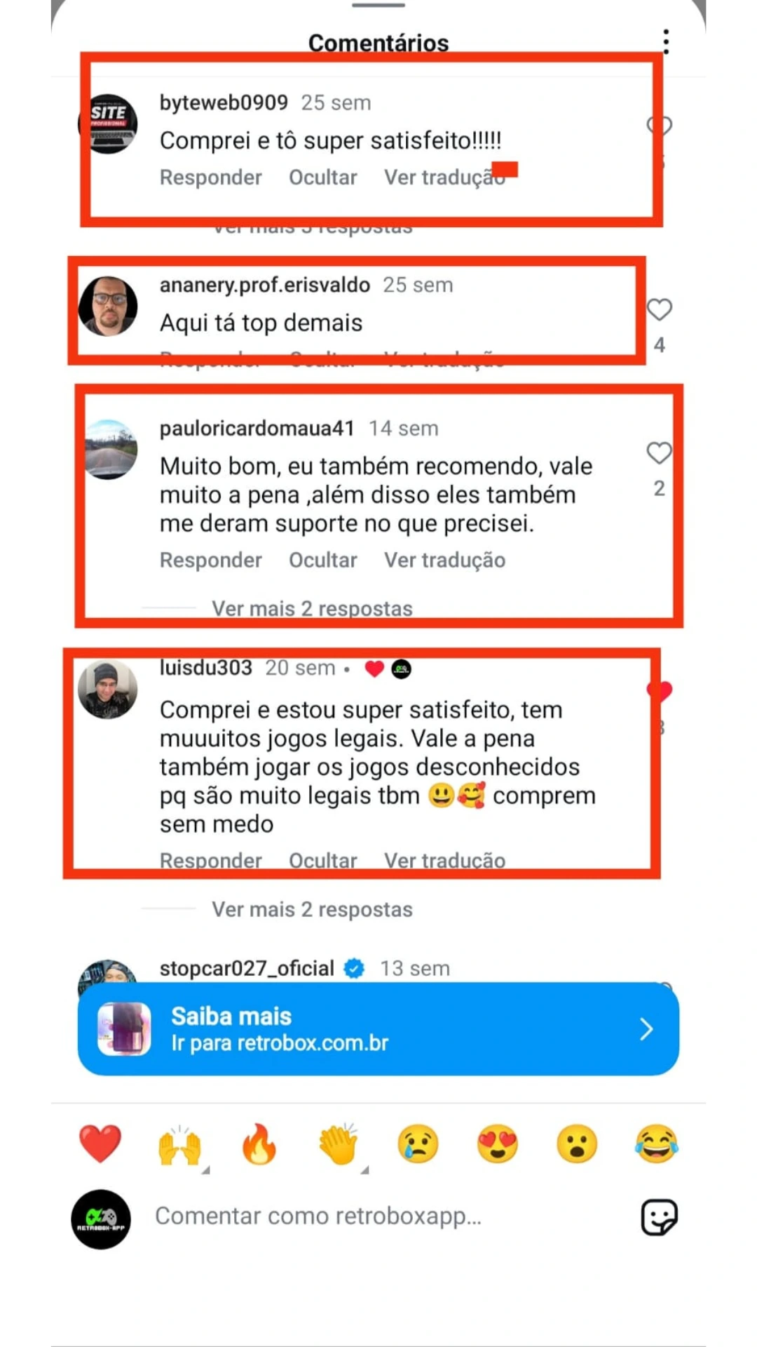 Comentário de cliente sobre o Retrobox